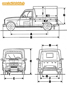 Dimensions des Renault 4 fourgonnettes longues pick-up